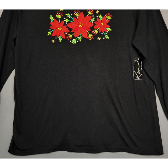 Kim Rogers Shirt Womens XL Black Long Sleeve Poinsettia Embroidered Christmas - Picture 7 of 12